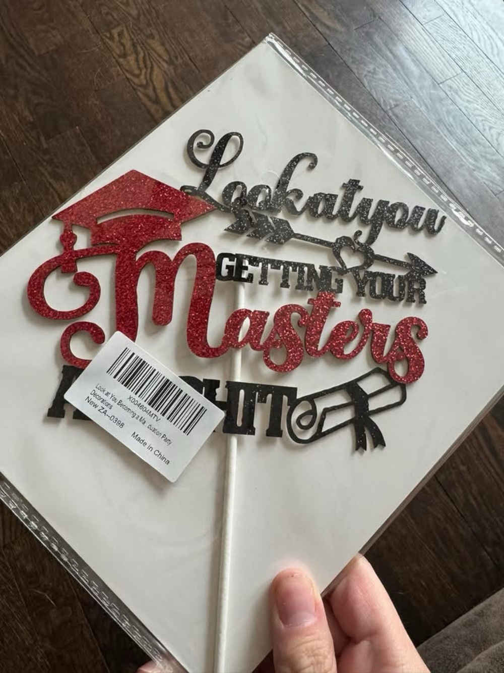 Graduation 'Masters' Cake Topper - Red and Black Glitter